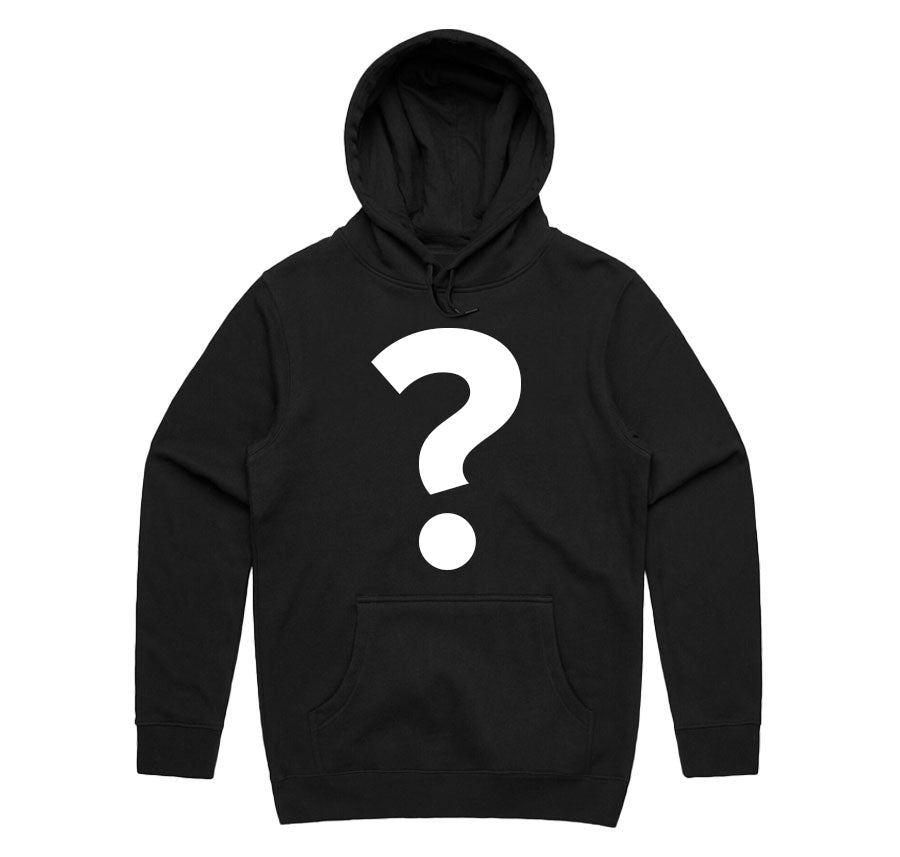 black hoodie with white question mark 