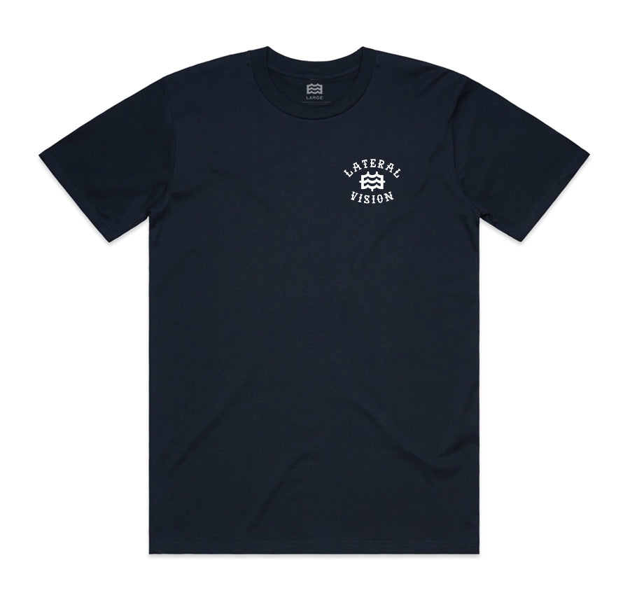 front of navy t-shirt with lateral vision name and logo on pocket 