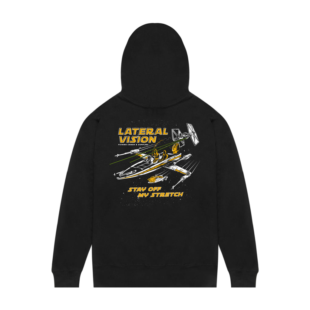 black hoodie with "stay off my stretch!" and spaceship graphic