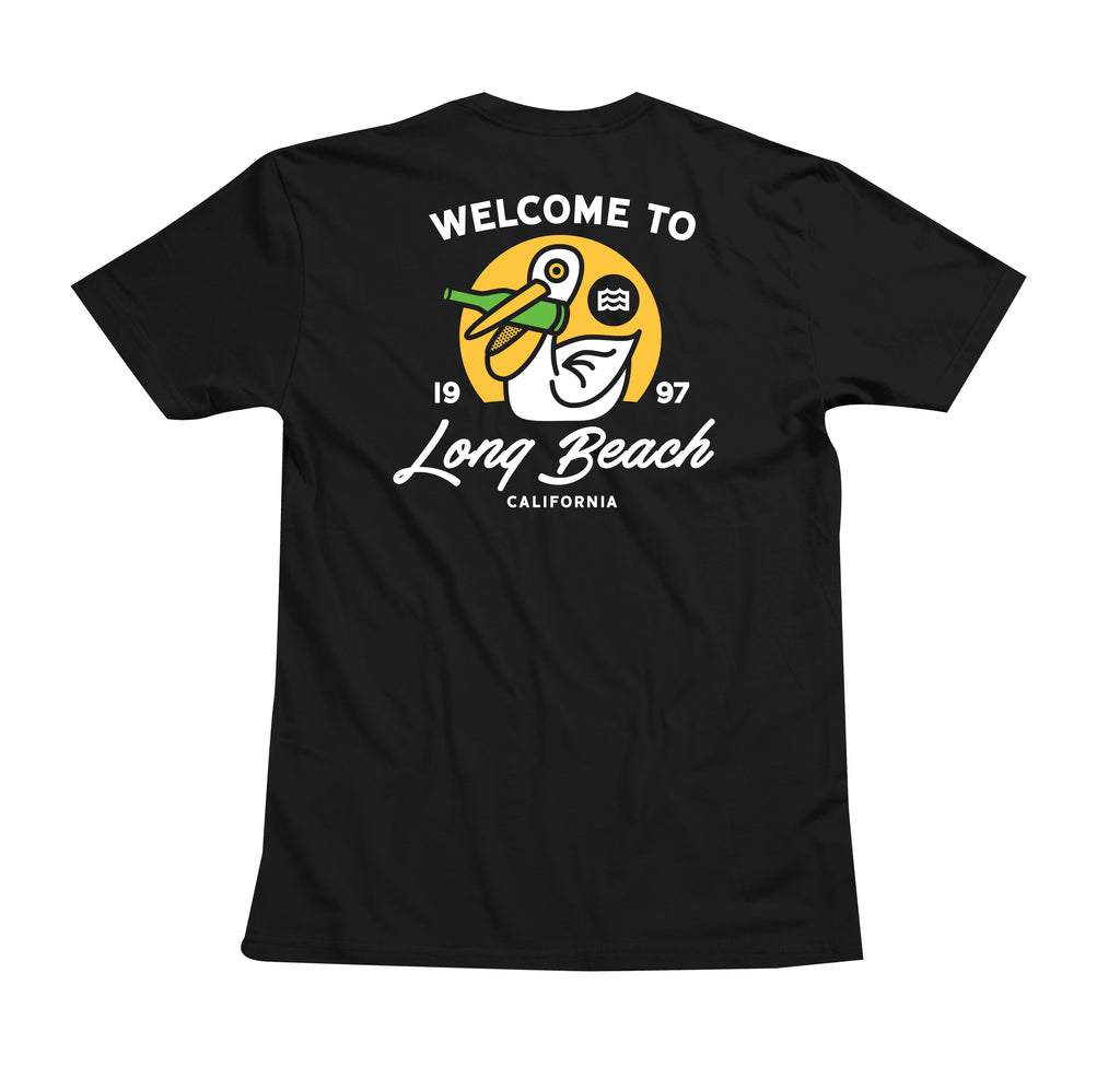 black t-shirt with welcome to Long Beach California and seagull with can in mouth graphic 