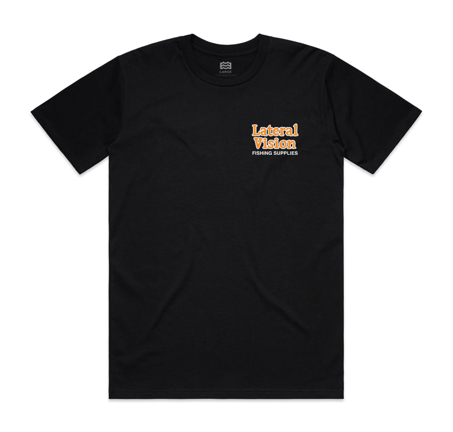 front of black t-shirt with lateral vision fishing supplies on pocket