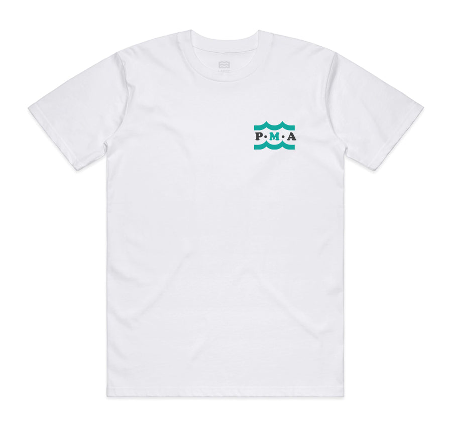 front of white t-shirt with P.M.A and wave design on pocket