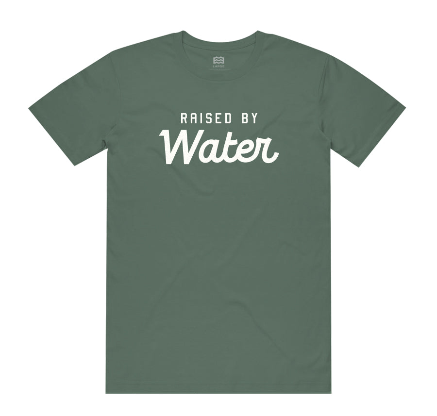 olive t-shirt with "raised by water" in white