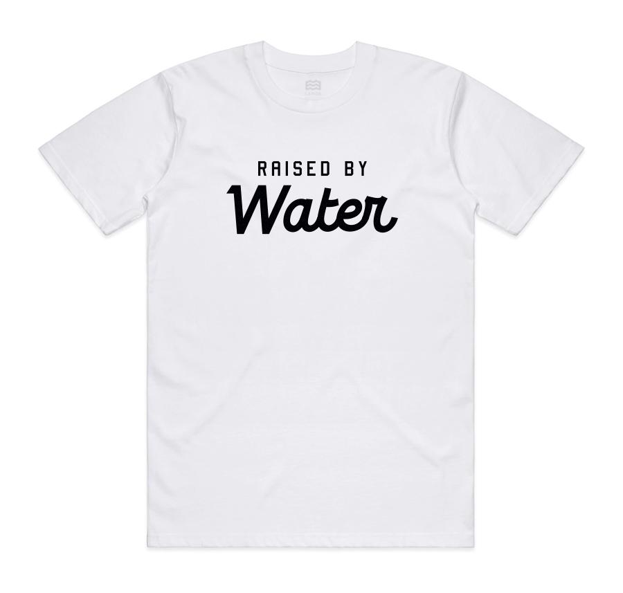 white t-shirt with "raised by water" in black