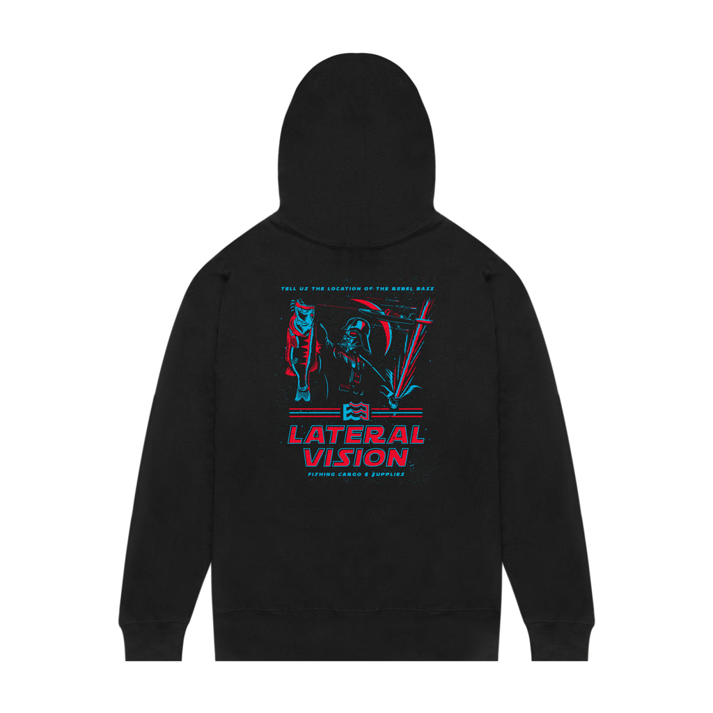 black lateral vision hoodie with dark vader holding fish graphic