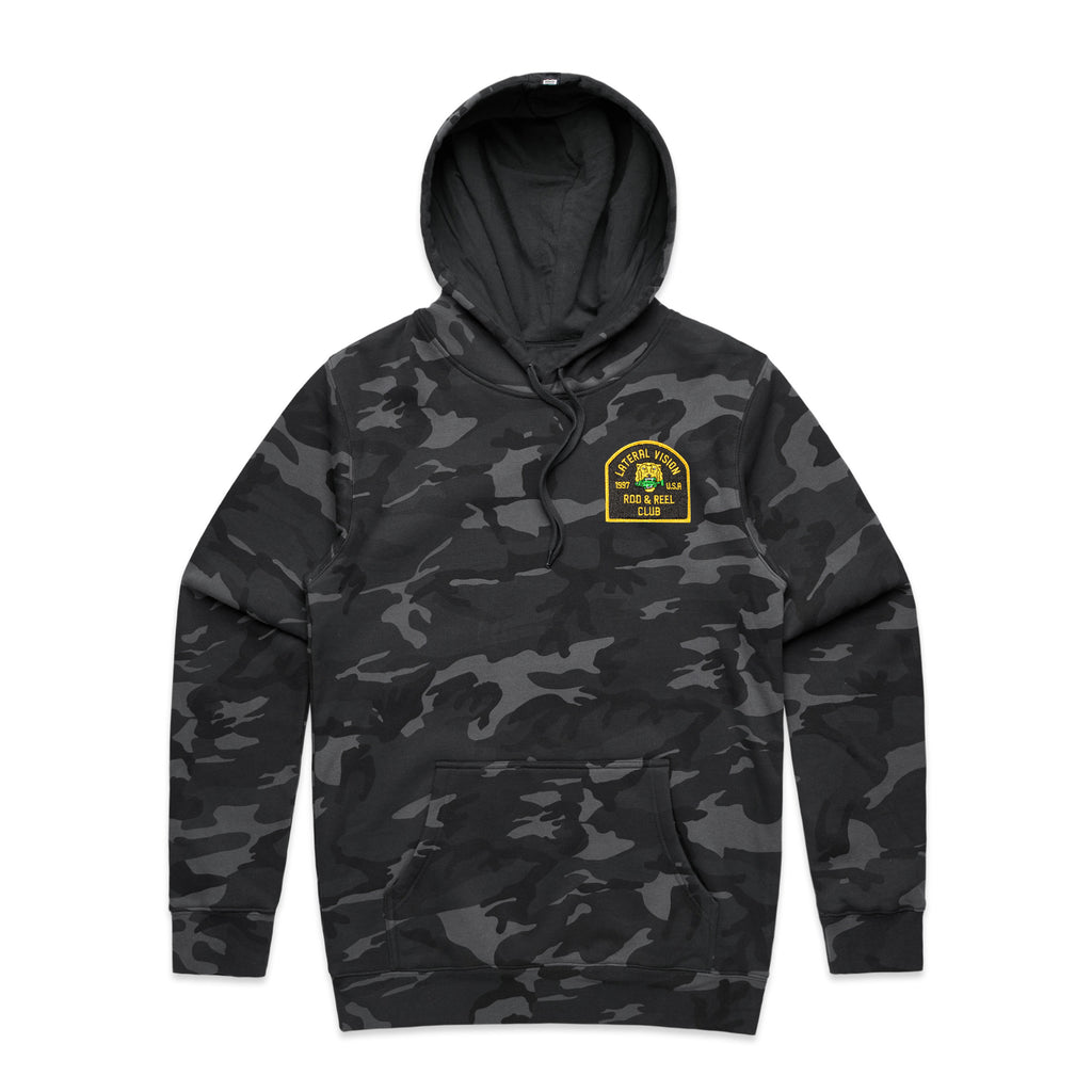 black camouflaged heavyweight hoodie with lateral vision rod & reel club patch on pocket 