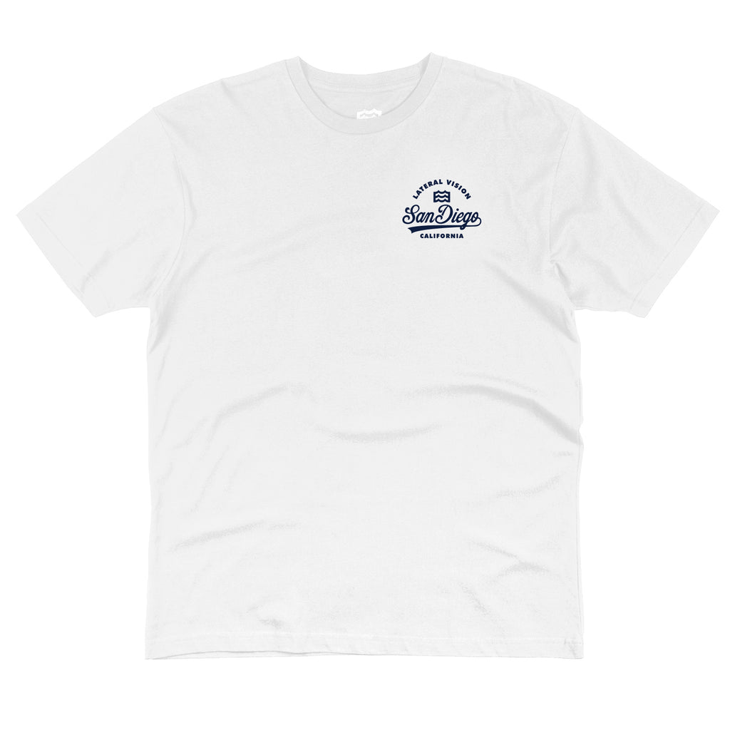 front of white t-shirt with lateral vision san diego wave logo design on pocket 