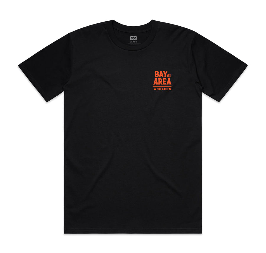 front of black t-shirt with Bay Area Anglers on pocket 