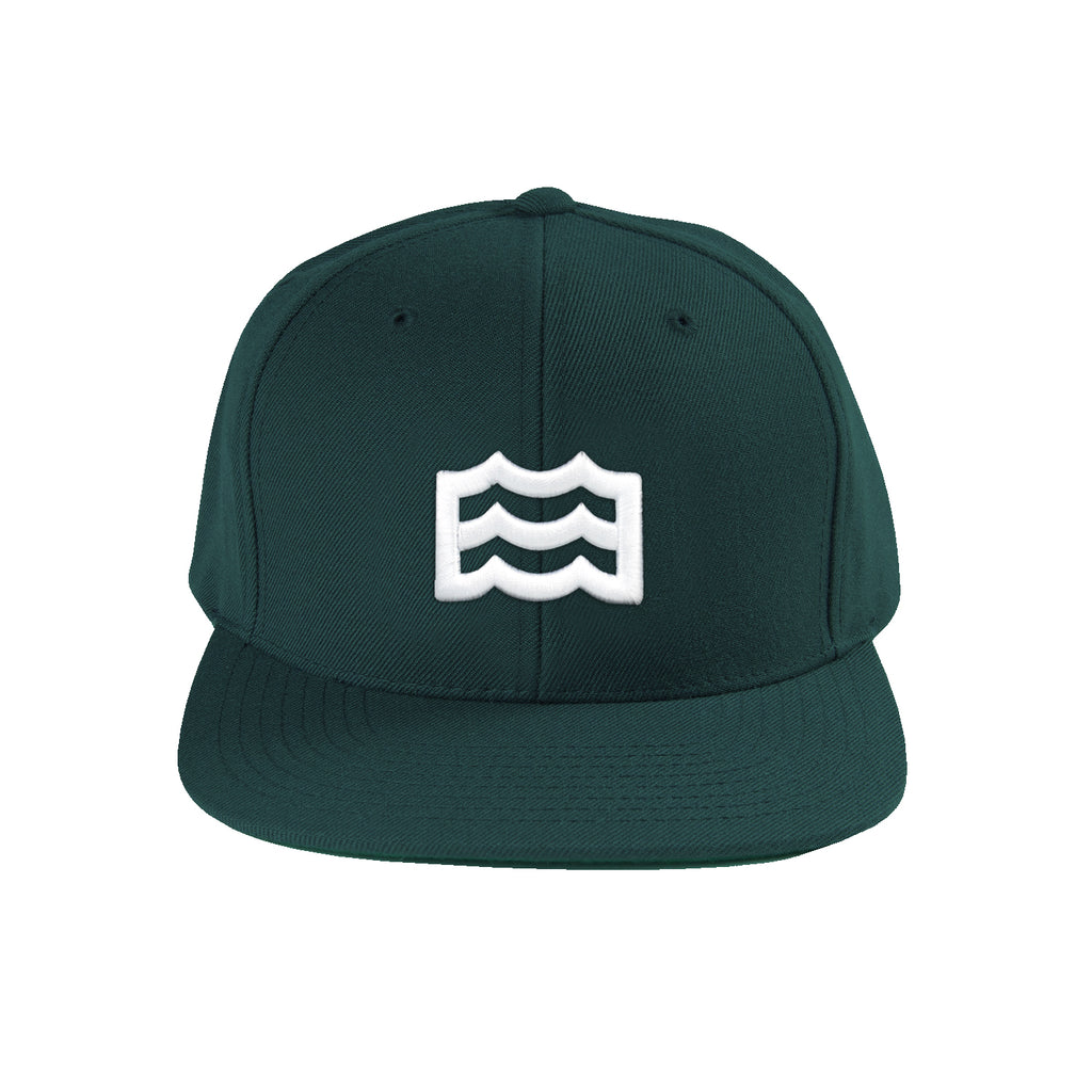 green snapback with white woven wave logo