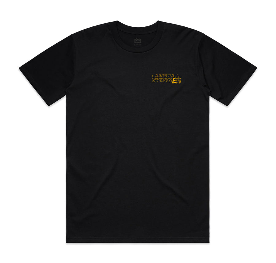 front of black t-shirt with lateral vision name and wave logo on pocket