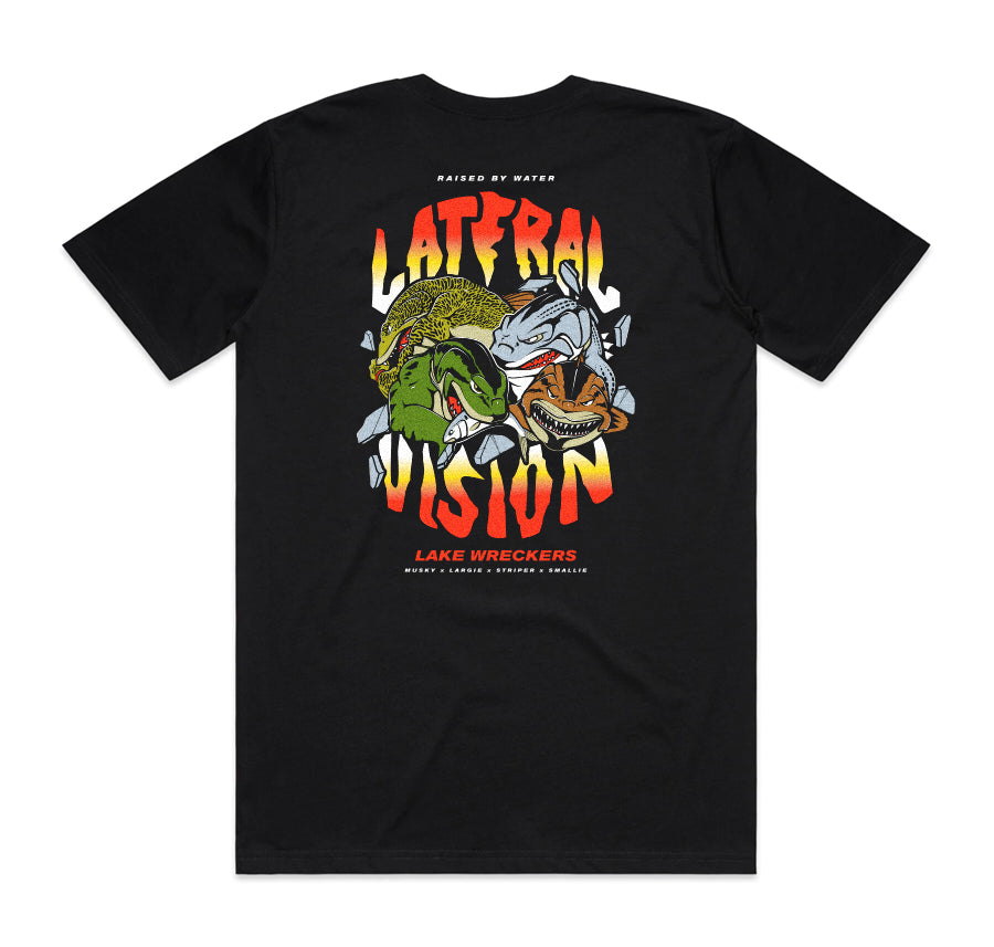 black lake wreckers t-shirt with characters largemouth, smallmouth, stripper and musky graphic
