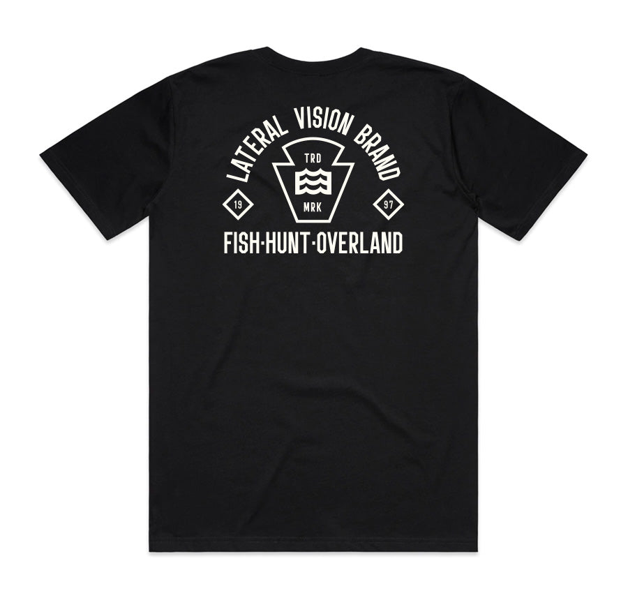 black t-shirt with lateral vision brand fish. hunt. overland wave logo design