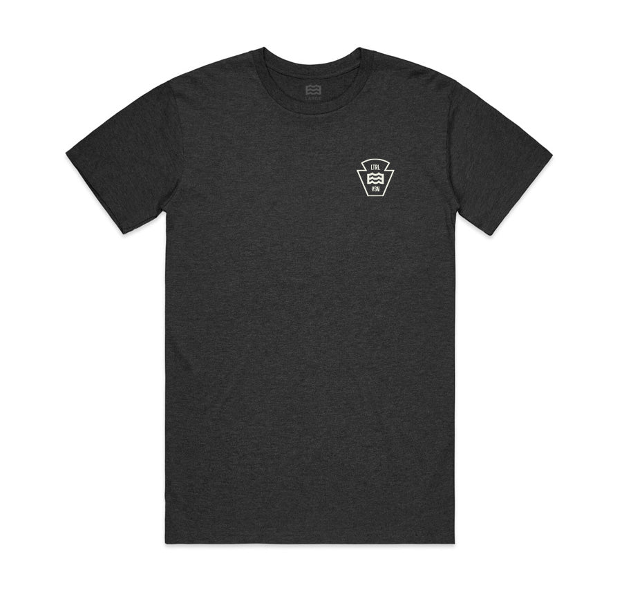 front of black tri-blend t-shirt with lateral vision wave logo on pocket 
