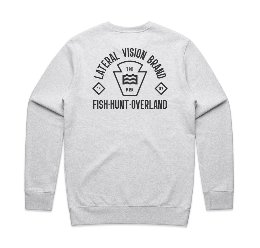 white crewneck with lateral vision brand fish. hunt. overland wave logo design