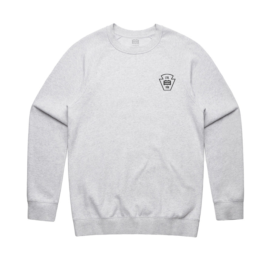front of white crewneck with lateral vision wave logo on pocket