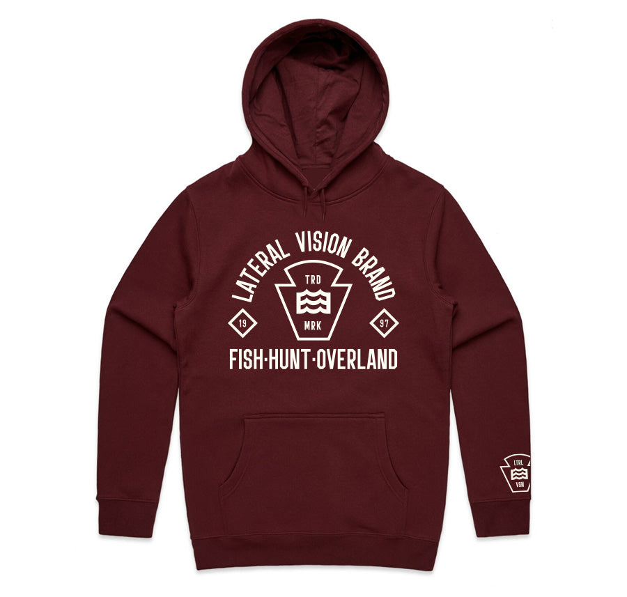 maroon hoodie with lateral vision brand fish. hunt. overland wave logo design