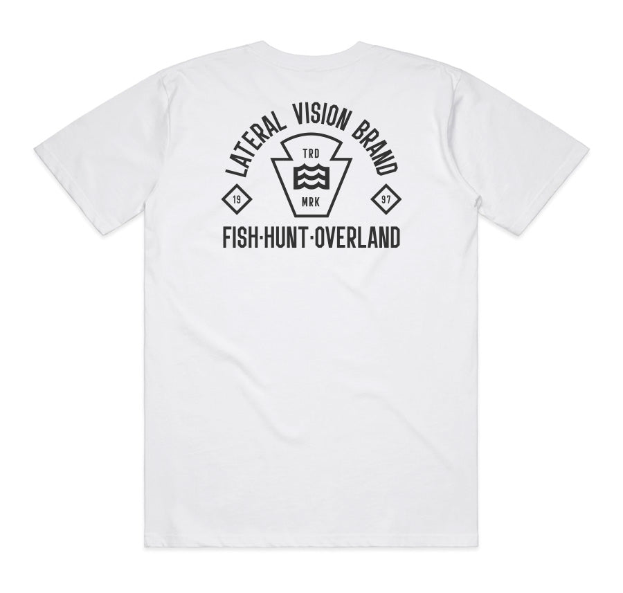 white t-shirt with lateral vision brand fish. hunt. overland wave logo design