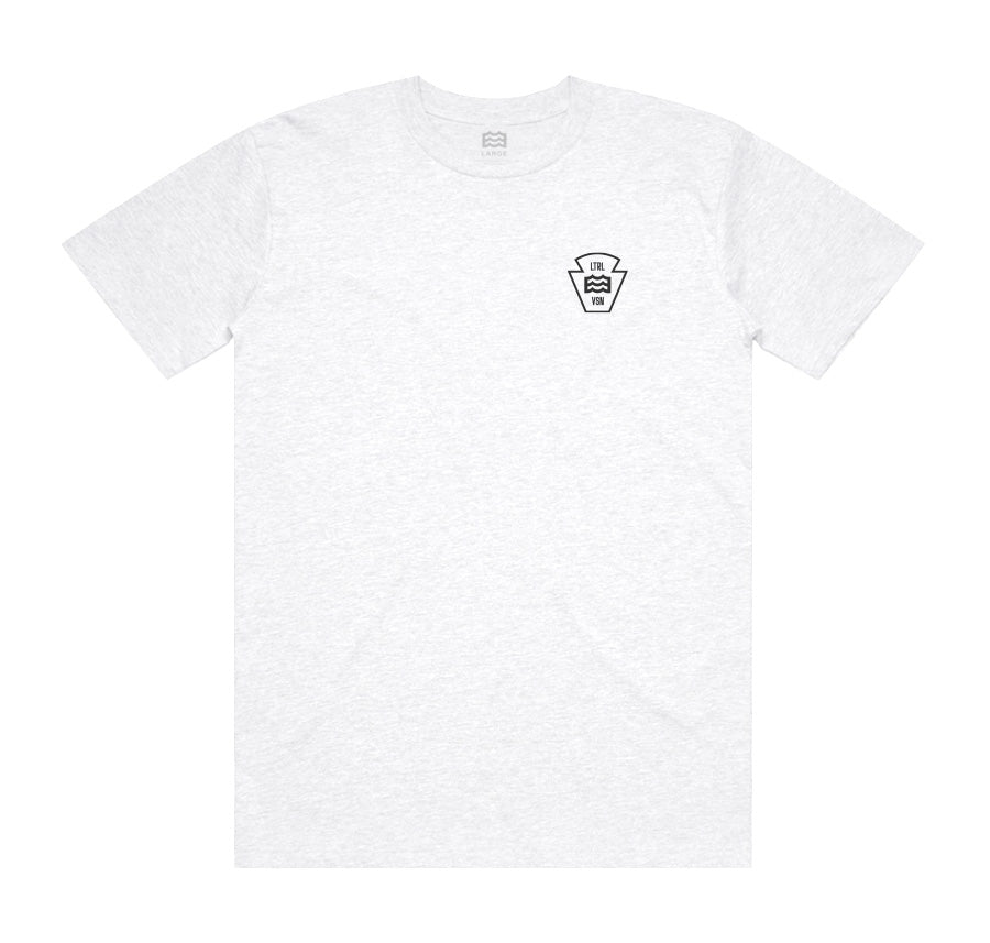 front of white tri-blend t-shirt with lateral vision wave logo on pocket 