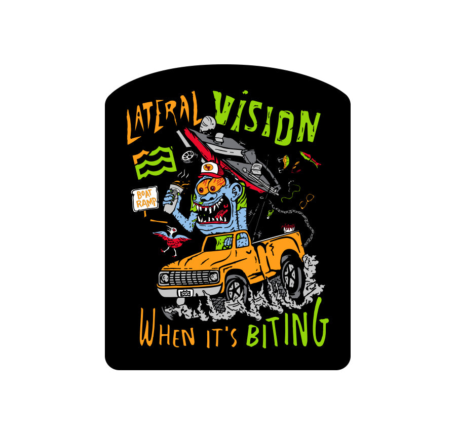 black lateral vision when it's biting sticker with character towing boat in truck graphic