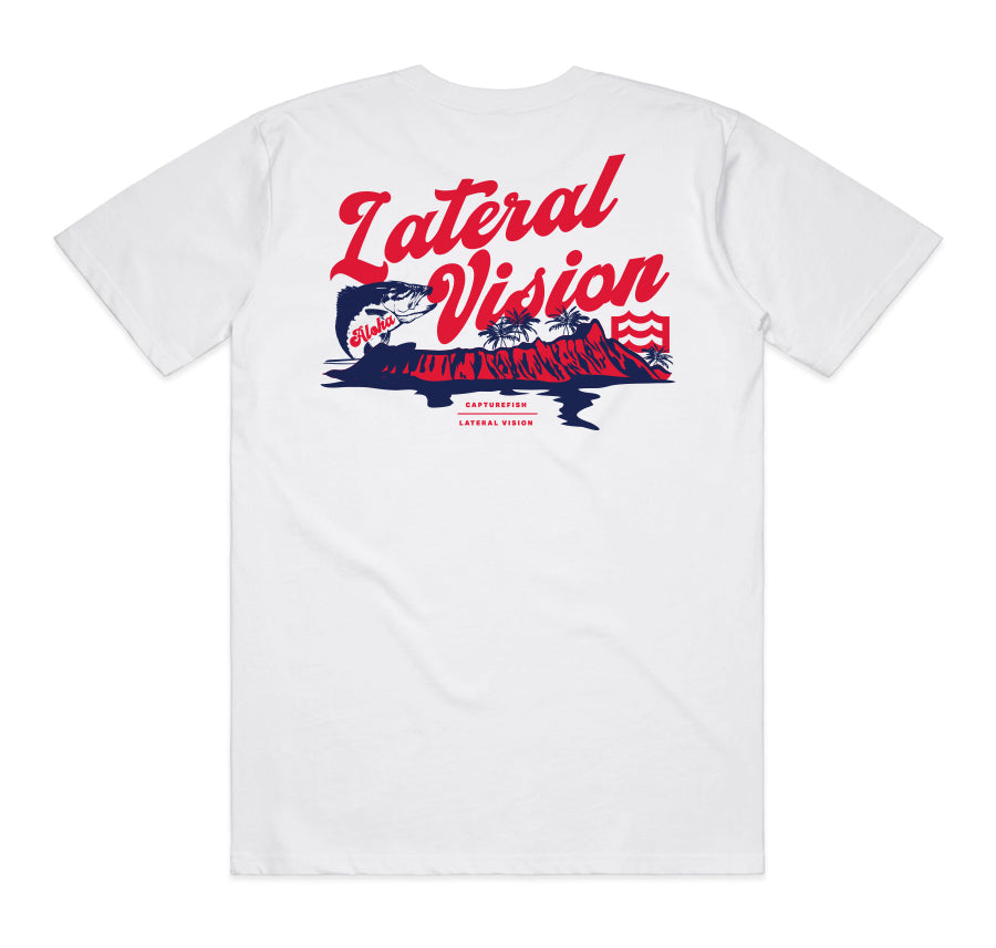 white t-shirt with lateral vision hawaii graphic