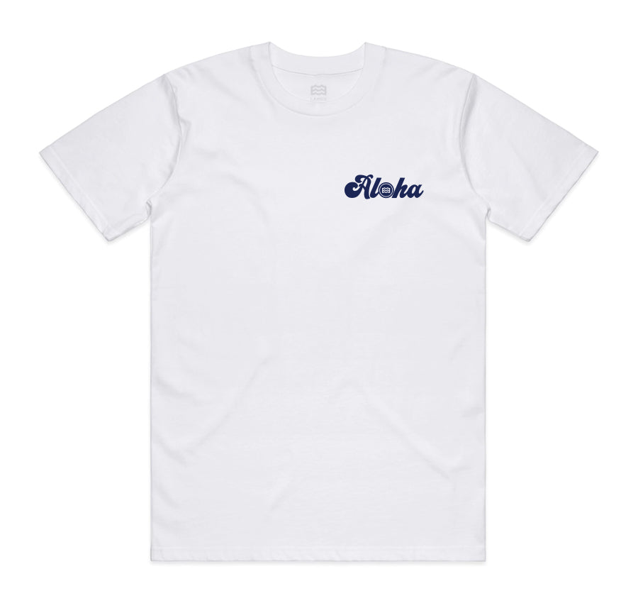 front of t-shirt with lateral vision aloha design on pocket 