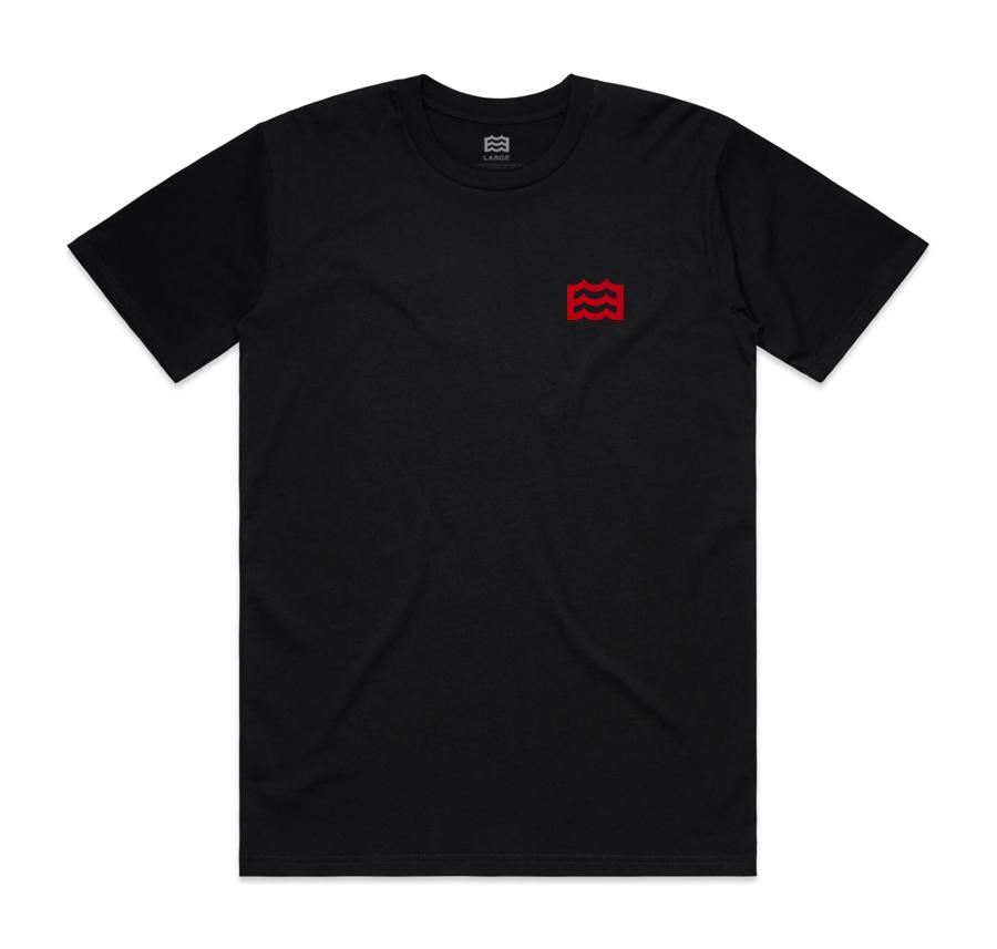 black t-shirt with red wave logo on pocket