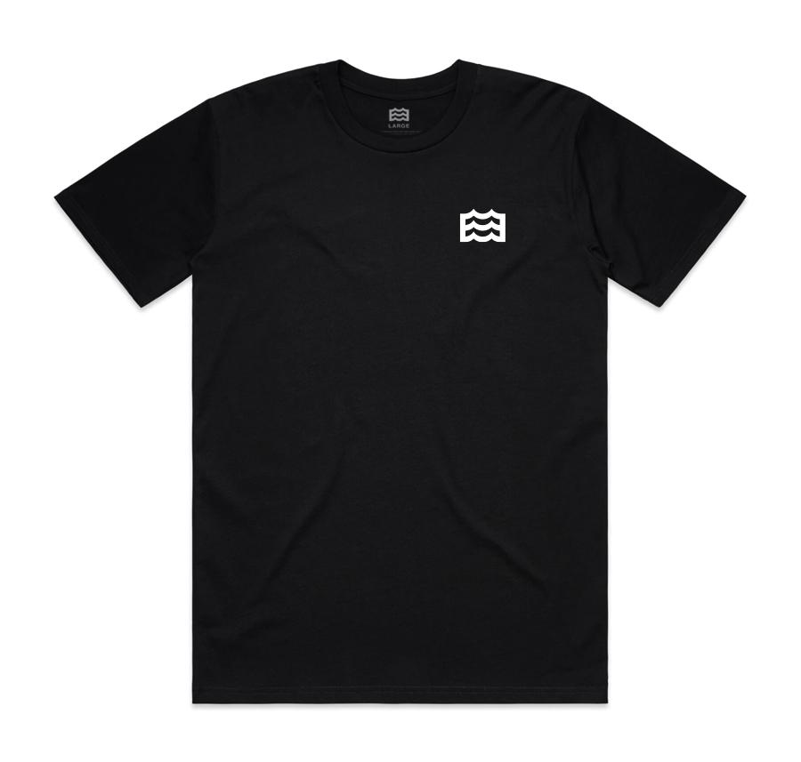 black t-shirt with white wave logo on pocket