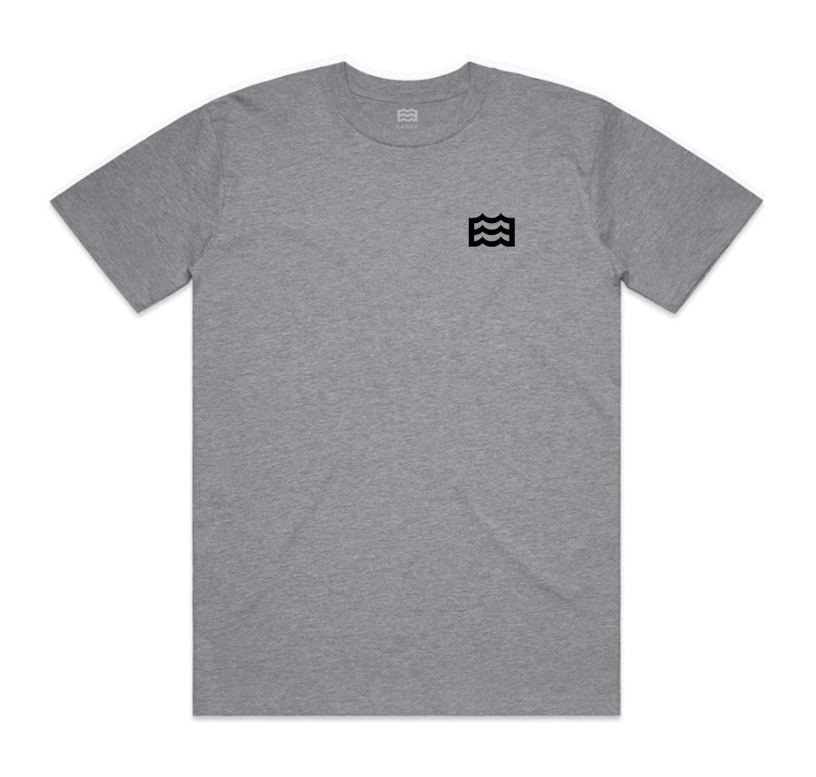 gray t-shirt with black wave logo on pocket
