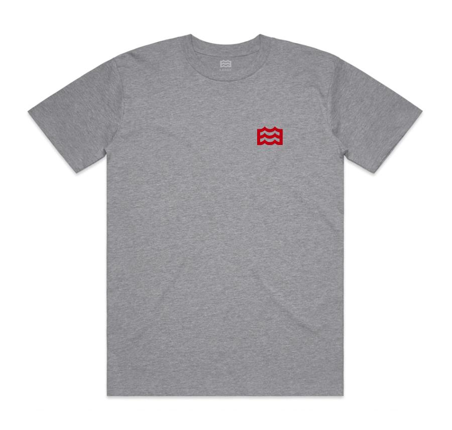 gray t-shirt with red wave logo on pocket