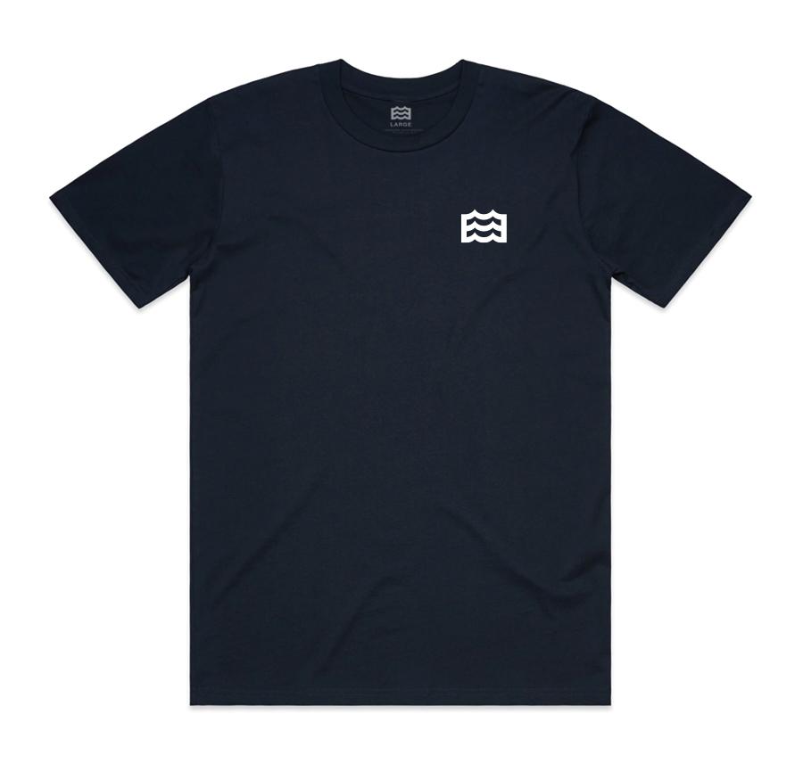 navy t-shirt with white wave logo on pocket