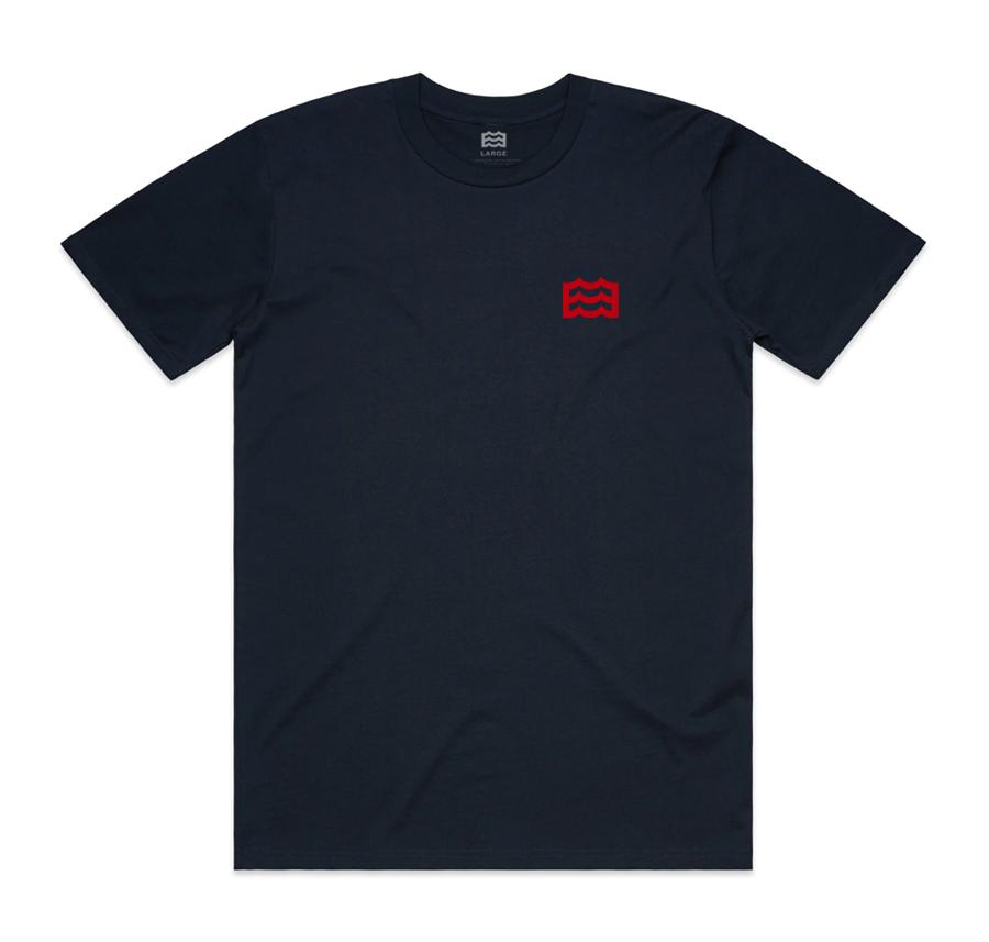 navy t-shirt with red wave logo on pocket