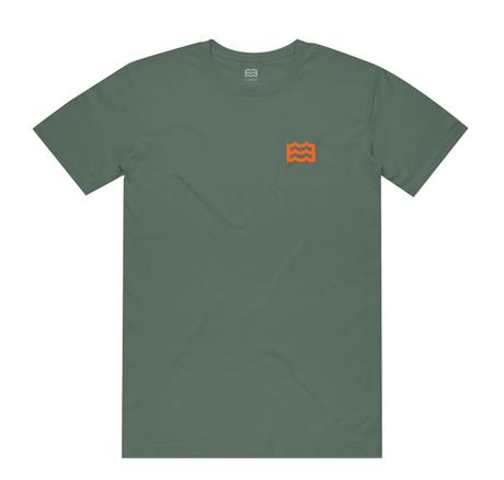 olive t-shirt with orange wave logo on pocket