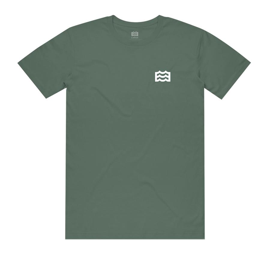 olive t-shirt with white wave logo on pocket