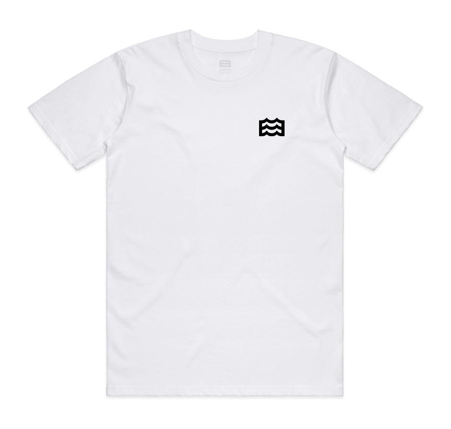 white t-shirt with black wave logo on pocket