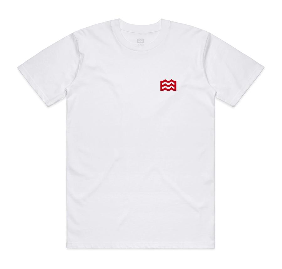 white t-shirt with red wave logo on pocket