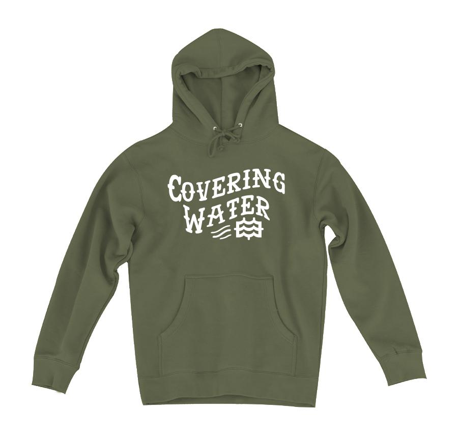 olive hoodie with lateral vision covering water design