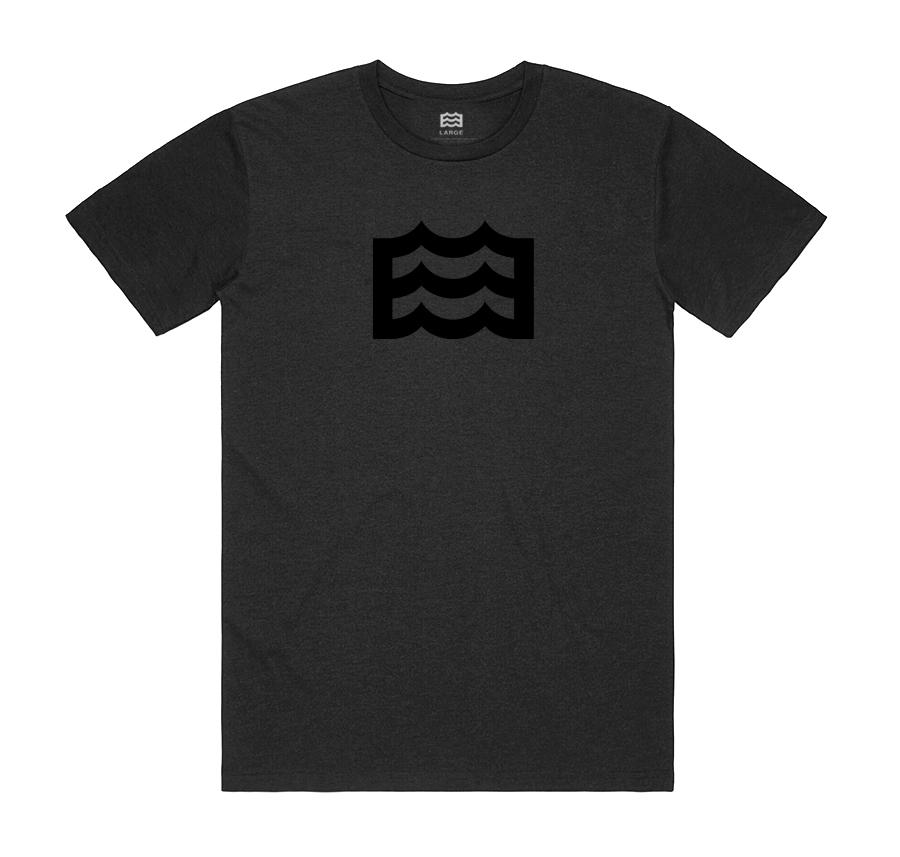 black t-shirt with black wave logo