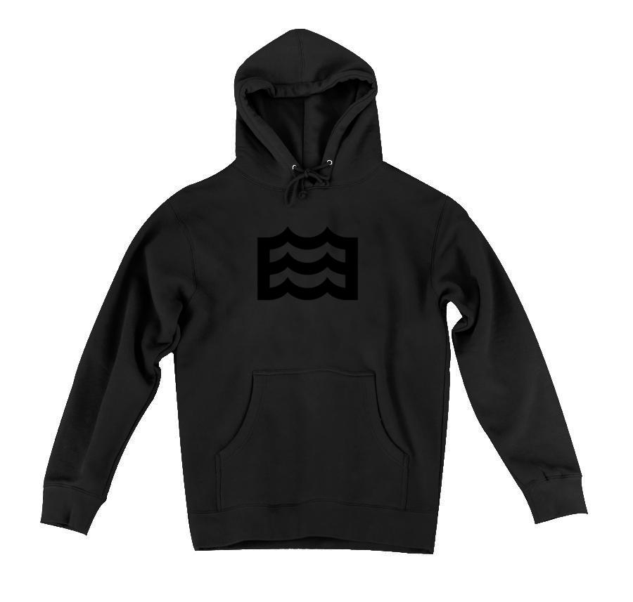 black hoodie with black wave logo
