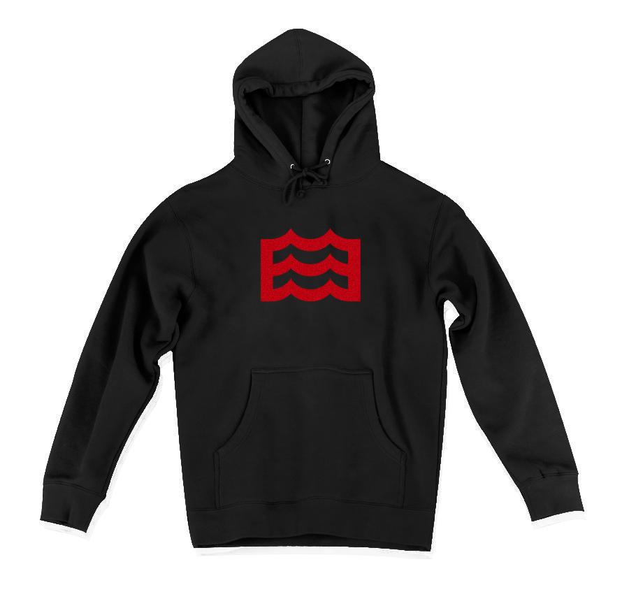 black hoodie with red wave logo