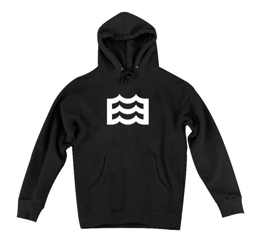 black hoodie with white wave logo