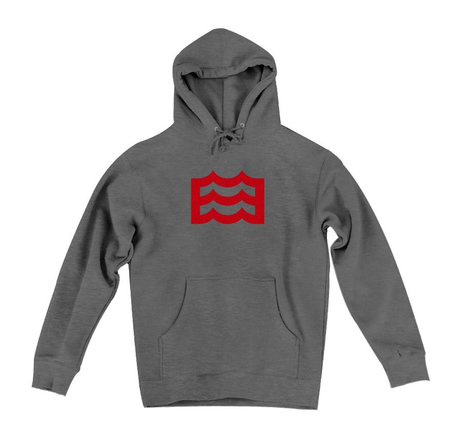 grey hoodie with red wave logo