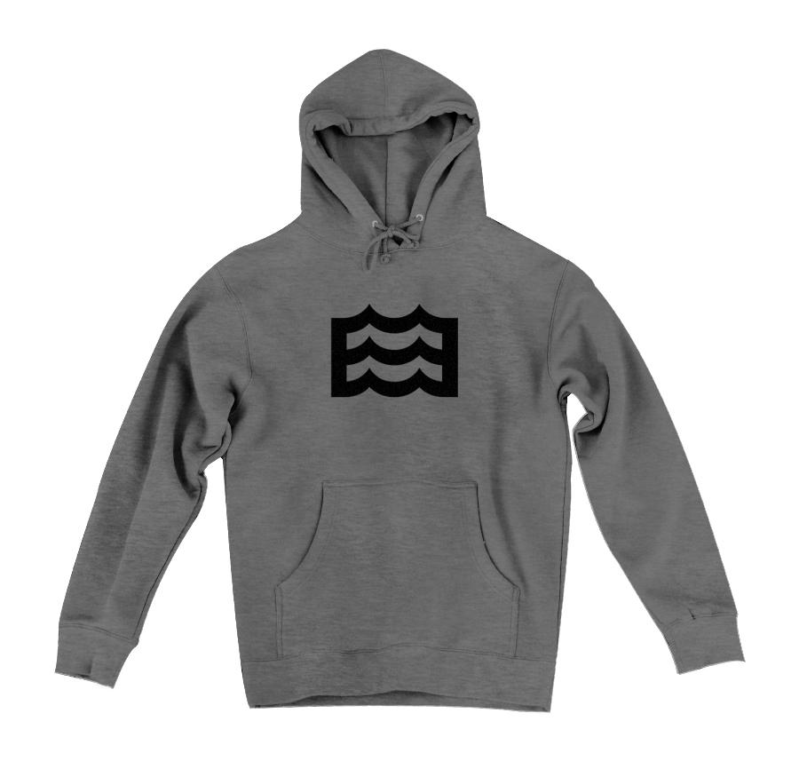 gray hoodie with black wave logo