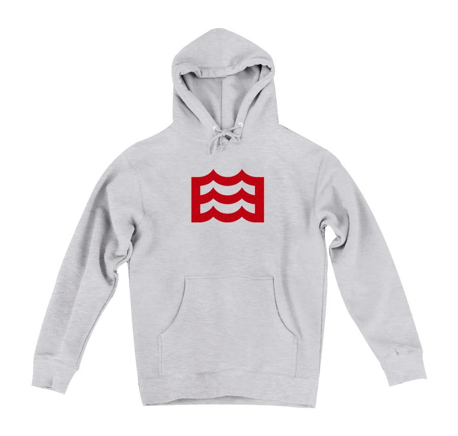 heather gray hoodie with red wave logo