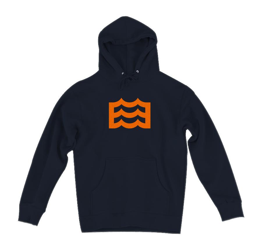 navy hoodie with orange wave logo