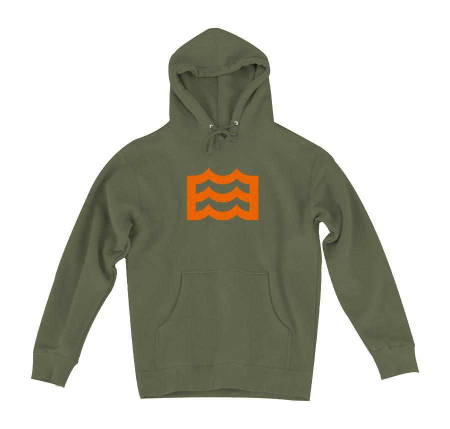 olive hoodie with orange wave logo