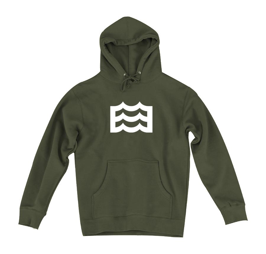 olive hoodie with white wave logo