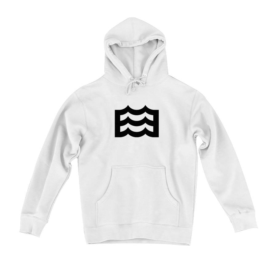 white hoodie with black wave logo
