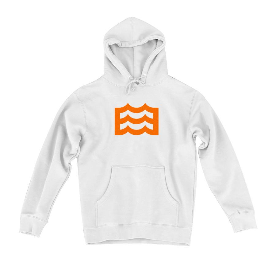 white hoodie with orange wave logo