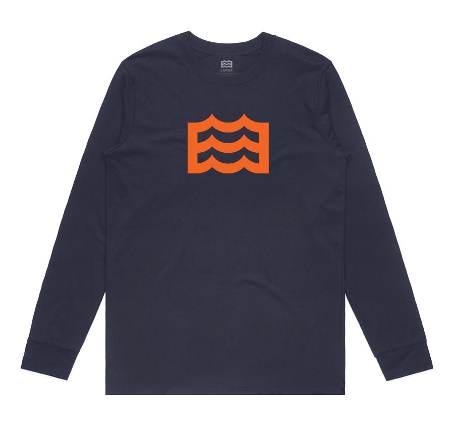 navy long sleeve with orange wave logo