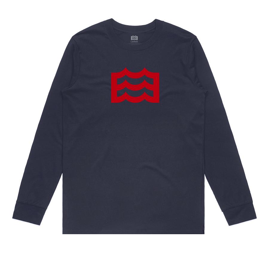 navy long sleeve with red wave logo